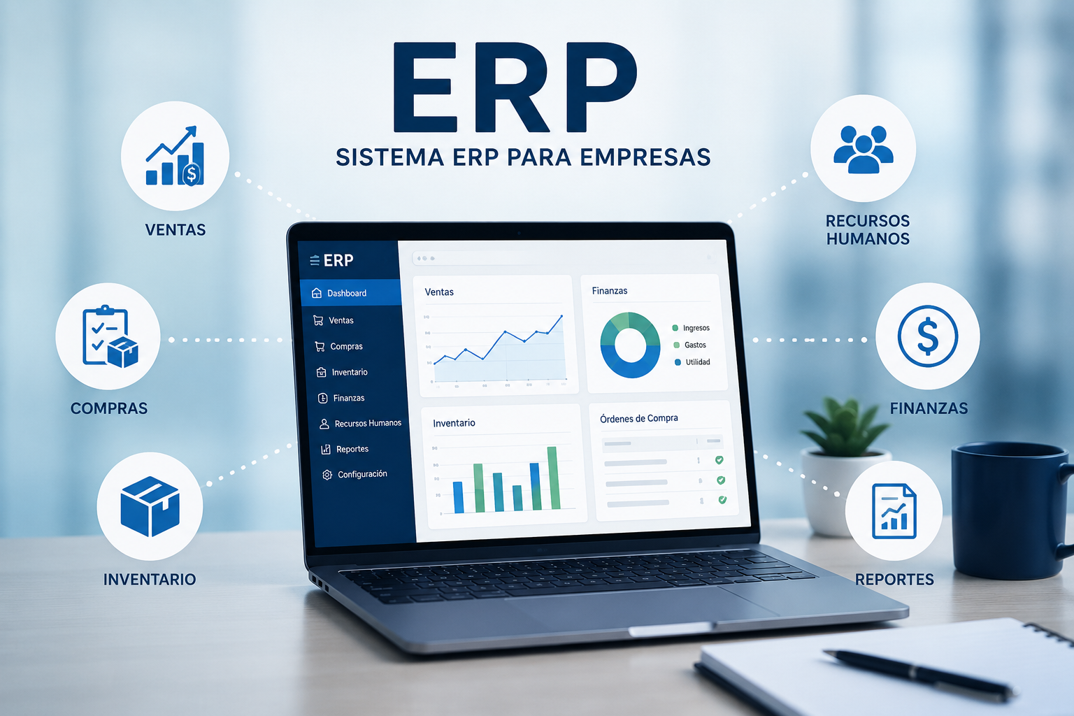 Sistema ERP para empresas mostrando gestión empresarial integrada con módulos de ventas, finanzas e inventario.